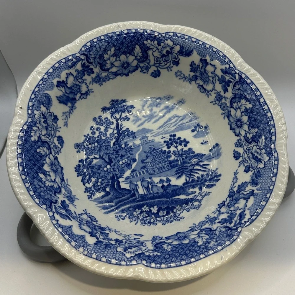 Woods Burslem Seaforth Blue White Transferware Bowl Scalloped England Vintage